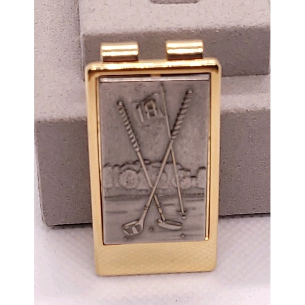 Vintage ANSON Gold Tone Golf Money Clip Clubs Flag Golfer Accessory